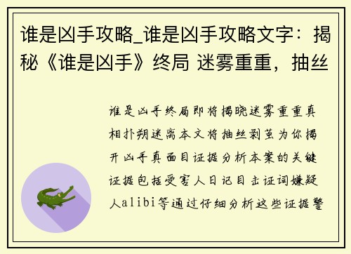 谁是凶手攻略_谁是凶手攻略文字:揭秘《谁是凶手》终局 迷雾重重,抽丝剥茧